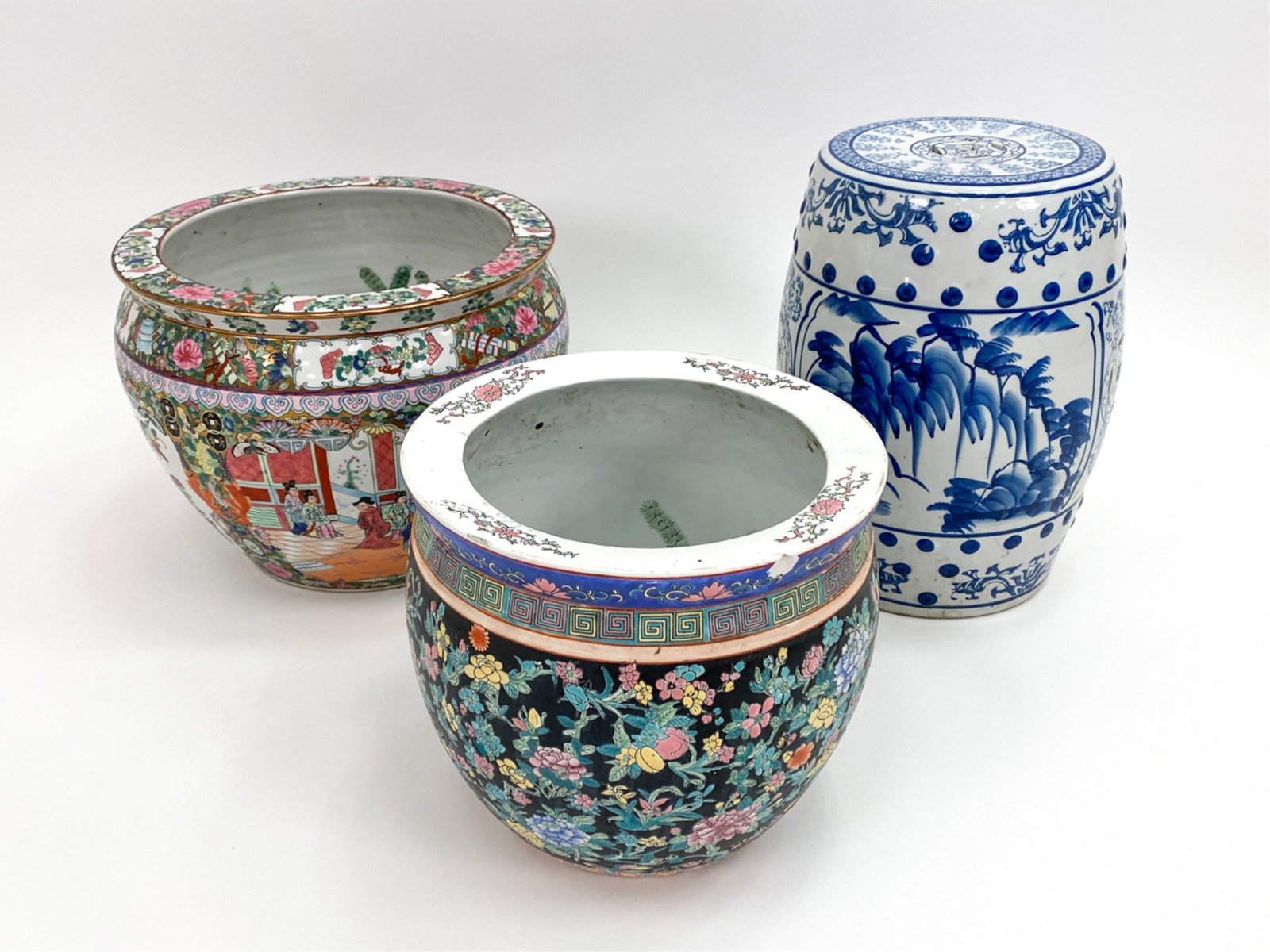 VINTAGE ASIAN CERAMICS JARDINERES & GARDEN SEAT: Including two fishbowls and one garden seat. Dimensions: (Tallest) H 16" x Dia 11" Condition: A few small glazing flaws. Some interior wear to the fishbowls.