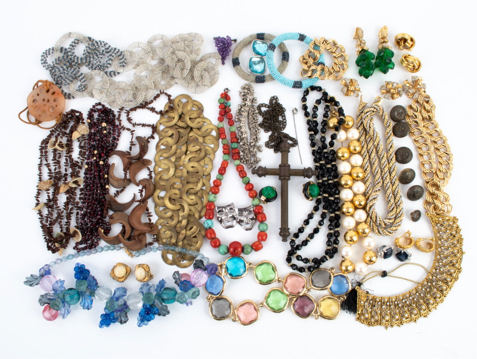 VINTAGE COSTUME JEWELRY INCL. KJL, B.E. COOK: Grouping of unique vintage costume jewelry, including signed pieces by Kenneth Jay Lane, Ciner, B.E. Cook London, Grosse Germany, and various others. Dimensions: (Largest, cross pendant) H 6" x W 3.5"