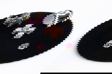 GROUPING OF VINTAGE CHANEL JEWELRY, AS-IS: Including: a rare Spring 1994 gold vermeil ribbon cross brooch with CC logo; Spring 2003 brushed goldtone cuff bracelet with tweed, purple resin stones and strass crystals; and a 2006 monochrome black