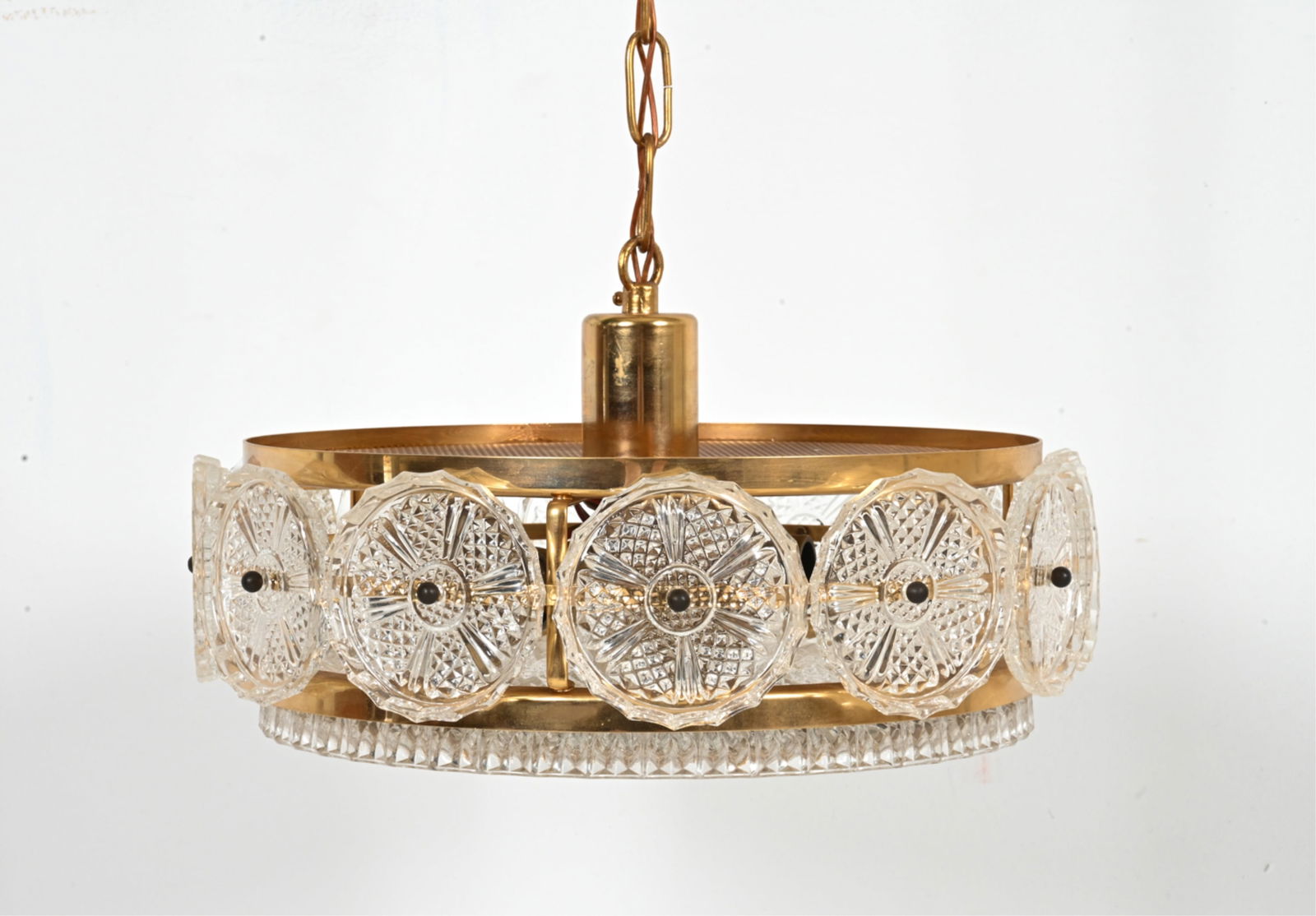 CARL FAGERLUND FOR ORREFORS PENDANT CHANDELIER: Dimensions: (Fixture only) H (to hanging loop) 8" x Dia. 14" ; Overall height (including fixture, chain and canopy) 39" Condition: Wiring not tested. Fixture presents beautifully; glass intact, very l