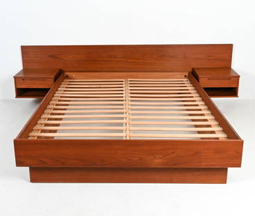 ATTR. JESPER DANISH TEAK PLATFORM FULL BED FRAME: Danish Modern platform bed frame with incorporated floating nightstands, attributed to Jesper International c. 1970's-1980's. Dimensions: (Overall) H 28.25" x W 102.25" x D 83" Condition: In very good