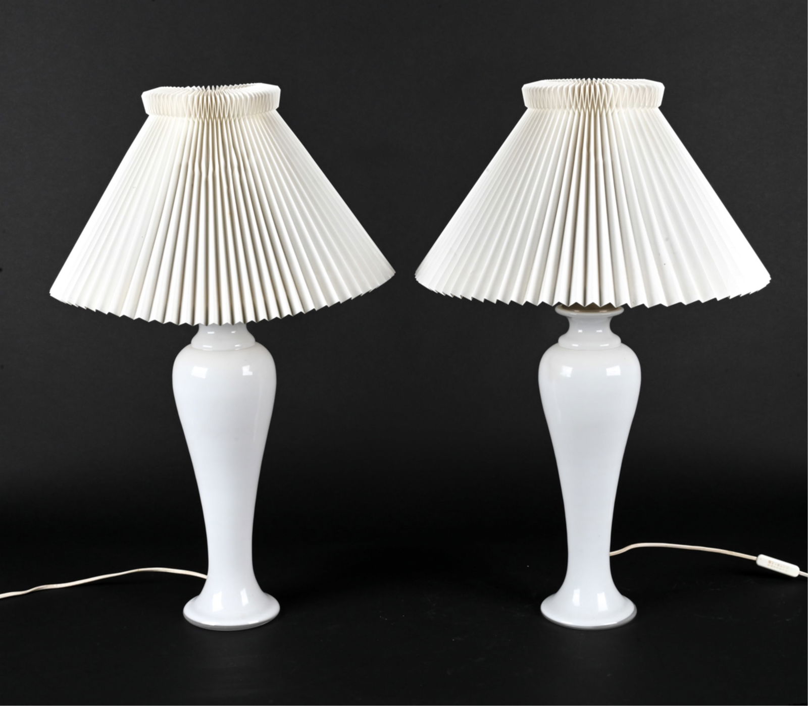 (2) ANNEGRETE HALLING-KOCH HOLMEGAARD NAPOLI LAMPS: Scandinavian Modern "Napoli" table lamps in opal cased glass, designed by Annegrete Halling-Koch for Holmegaard and Royal Copenhagen, labeled underneath. Dimensions: (With shade) H 27.5" x Dia. 15.5"