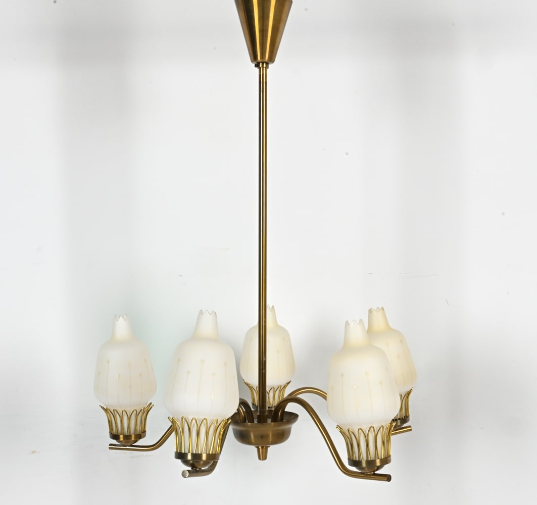 FOG & MORUP BRASS & OPAL GLASS TULIP CHANDELIER (1 of 7)