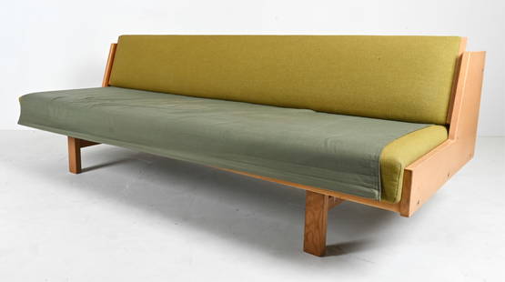 HANS WEGNER GETAMA MODEL 258 DAYBED BANQUETTE SOFA: Model 258 Danish Modern convertible banquette sofa-daybed in blonde oak and woven fabric, designed by Hans J. Wegner for Getama, c. 1950's-1960's. Dimensions: (Backrest down) H 31" x W 81" x D 38" x S