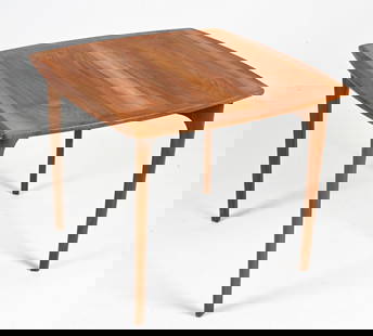 MANNER OF ERIK WORTS NUTWOOD OCCASIONAL TABLE: Perfect size for a breakfast or games table. Scandinavian, c. 1960's. In the manner of Erik Worts or Ole Wanscher for A.J. Iversen.Dimensions: H 25.75" x W 32" x D 32"Condition: Refinished; table pres