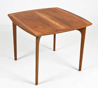 MANNER OF ERIK WORTS NUTWOOD OCCASIONAL TABLE: Perfect size for a breakfast or games table. Scandinavian, c. 1960's. In the manner of Erik Worts or Ole Wanscher for A.J. Iversen.Dimensions: H 25.75" x W 32" x D 32"Condition: Refinished; table pres