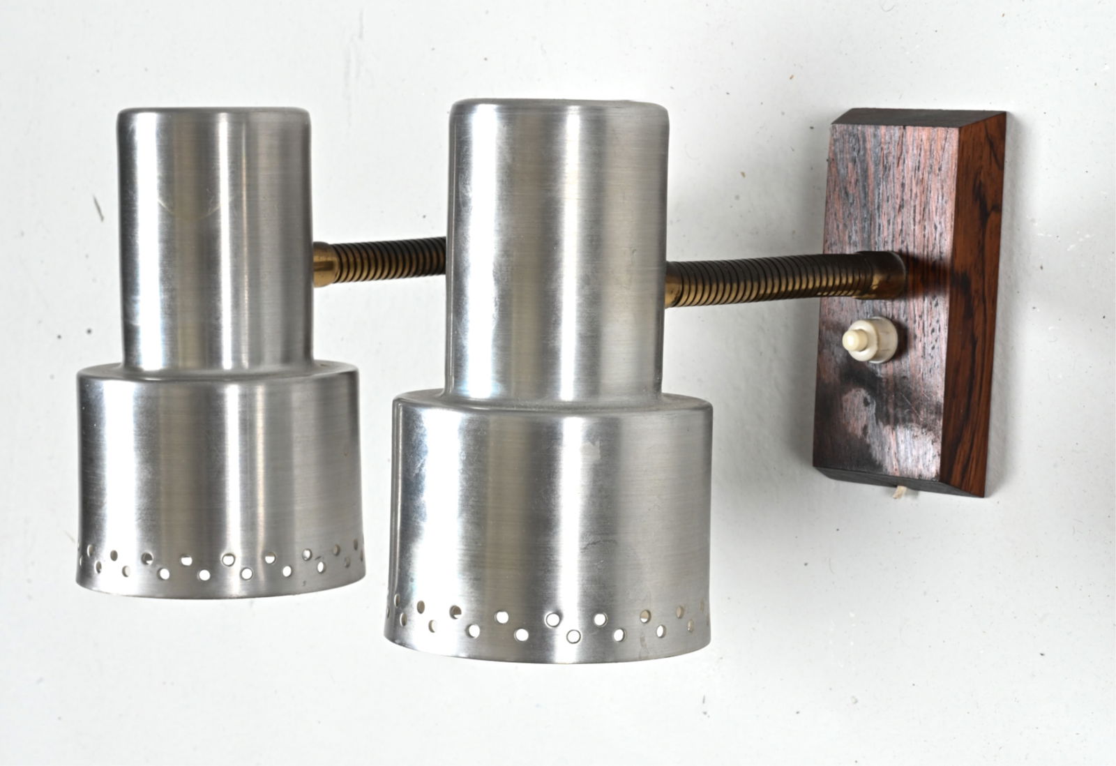 PAIR OF DANISH ROSEWOOD & BRUSHED METAL SCONCES (1 of 9)