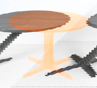 DANISH GUDME MOBELFABRIK TEAK BREAKFAST TABLE: In the manner of Niels Otto Moller, c. 1960's-1970's. Dimensions: H 28.25" x Dia. 41.25" Condition: Light sun fading, a few spots of minor soiling; a few nicks and scuffs. Apparently missing leaves.