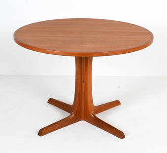 DANISH GUDME MOBELFABRIK TEAK BREAKFAST TABLE: In the manner of Niels Otto Moller, c. 1960's-1970's. Dimensions: H 28.25" x Dia. 41.25" Condition: Light sun fading, a few spots of minor soiling; a few nicks and scuffs. Apparently missing leaves.