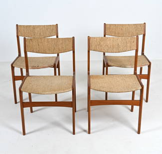 (4) ATTR. GUDME DANISH MID-CENTURY TEAK CHAIRS: (4) Dining side chairs, attributed to Gudme Mobelfabrik, c. 1960's. Dimensions: H 32" x W 18.75" x D 19" x SH 17.5" Condition: Good candidate for reupholstering. Soiling, tears and fading to fabric. M