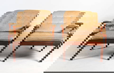 (4) BRODERNA ANDERSSON SWEDISH MODERN ARMCHAIRS: With beige mohair cushions. One chair labeled Broderna Andersson underneath. Dimensions: H 31" x W 28" x D 28" x SH 18" Condition: Chairs present well overall; a few scattered nicks, scuffs and house
