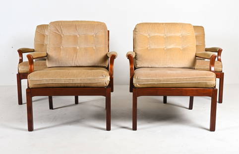 (4) BRODERNA ANDERSSON SWEDISH MODERN ARMCHAIRS: With beige mohair cushions. One chair labeled Broderna Andersson underneath. Dimensions: H 31" x W 28" x D 28" x SH 18" Condition: Chairs present well overall; a few scattered nicks, scuffs and house