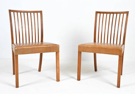 (2) ATTR. A.J. IVERSEN OAK SIDE CHAIRS, C. 1960'S: Dimensions: H 34" x W 23" x D 21" x SH 18" Condition: In good vintage condition overall. Nicks, scuffs, and minor joint separation to frames. Upholstery with scuffing and some surface losses to edges,