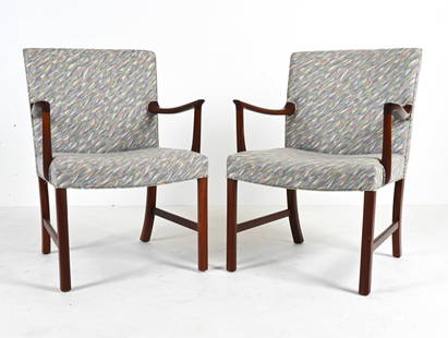 PAIR OF ARMCHAIRS, OLE WANSCHER FOR A.J. IVERSEN: An exquisite pair of Danish Modern easy chairs in sculpted teak and abstract woven fabric, designed by Ole Wanscher for A.J. Iversen, c. 1960's. Dimensions: H 35.25" x W 26.5" x D 23" x SH 18.25" Cond