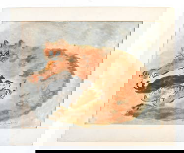 FUMI KAMATSU, JAPANESE (B 1930) WATERCOLOR: Cat and kittens in watercolor on japan paper. Signed lower right. Dimensions (Paper) H 16" x W 21.25" Condition: Taped to mat. Handling marks and foxing.