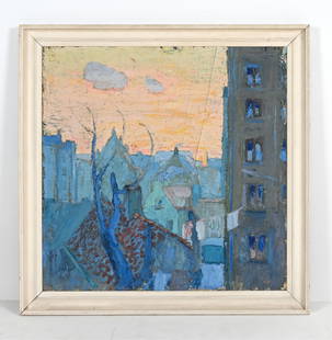 MID-CENTURY SCANDINAVIAN MODERN O/C CITYSCAPE: Large composition. Apparently unsigned. Dimensions: (Frame) H 46" x W 46" ; (Painting) H 40" x W 39.75" Condition: Cracking to paint surface, a few small paint losses; surface grime and spots of soili