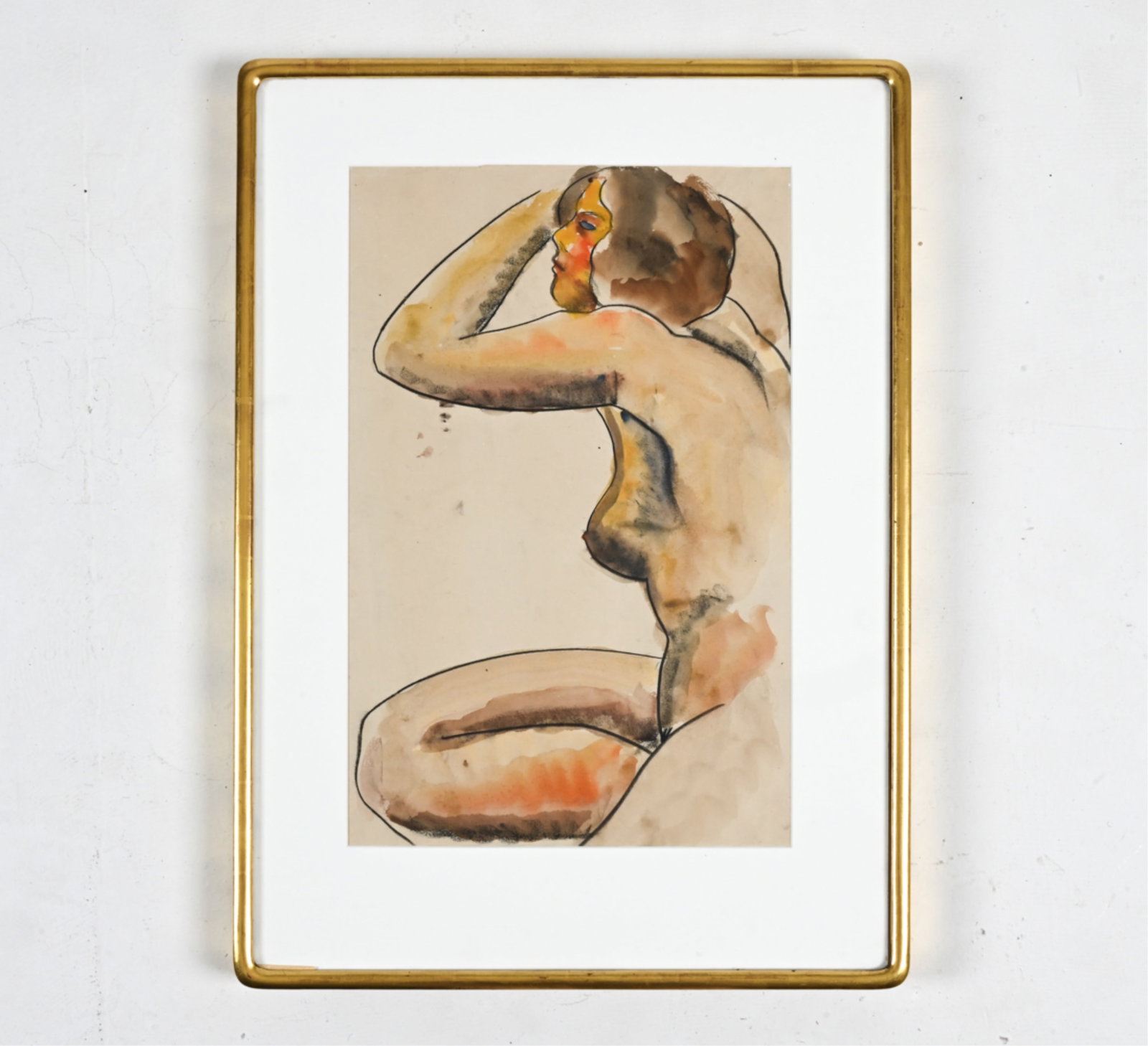 ORIGINAL WATERCOLOR & CHARCOAL FEMALE NUDE STUDY: Apparently unsigned. Dimensions: (Frame) H 25.5" x W 18.25" ; (Sight) H 18.25" x W 11.75" Condition: Not examined out of frame. Paper with creases, a few tears visible along upper edge, and a few stra