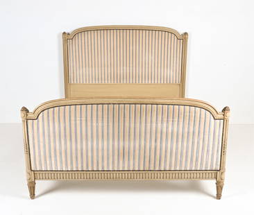 FRENCH PROVINCIAL UPHOLSTERED QUEEN BED FRAME: Finished in French grey paint and sculpted striped chenille fabric. 20th Century. Dimensions: (Exterior) H 52.5" x W 64" x D 82.5" Condition: Missing slats. Minor stress cracks to headboard, possible