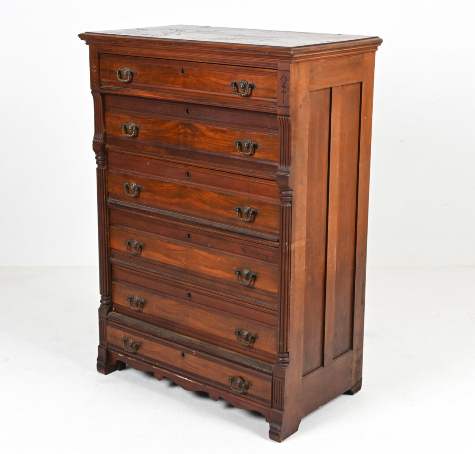 19TH C. BOWDITCH NEW HAVEN CHEST OF DRAWERS: With Empire-style moldings and lion head hardware. Key included. Dimensions: H 49" x W 34.5" x D 20" Condition: As-is; hole cut to top; several stress cracks to wood; chips to legs and lower back edge
