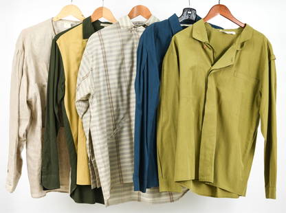 (5) 1980'S AVANT-GARDE SHIRTS INCL. CLAUDE MONTANA: Grouping of (5) long sleeve shirts with avant-garde details and tailoring, including: Claude Montana moss green cotton asymmetrical button down with shoulder strap detail, size L / approx. chest size