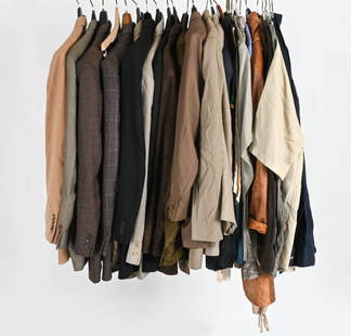 GROUPING OF MEN'S DESIGNER CLOTHING INC. VALENTINO: Large grouping of men's luxury vintage clothing - mostly size L/LX - including: Valentino olive green virgin wool blazer, size 44; (2) Lauren Ralph Lauren jackets, size 44; Saks Fifth Ave 100% camel h