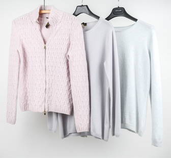 (3) FINE CASHMERE SWEATERS INCL. LORO PIANA, SZ. M: Grouping of (3) luxe 100% cashmere sweaters including dusty rose Loro Piana Baby Cashmere cable knit zip-up sweater, size IT 44; Loro Piana blue pullover, size IT 44; and Pure Collection marled blue p