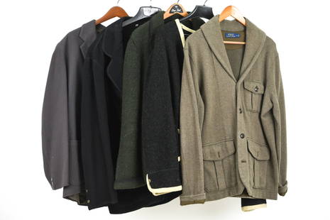 (5) SWEATER JACKETS INCL. POLO RL, MATSUDA, ARMANI: Fantastic grouping of vintage and contemporary sweater jackets, including: Polo Ralph Lauren olive cotton herringbone flannel shawl-collar jacket, size L; Armani Jeans felted wool-blend collegiate bla