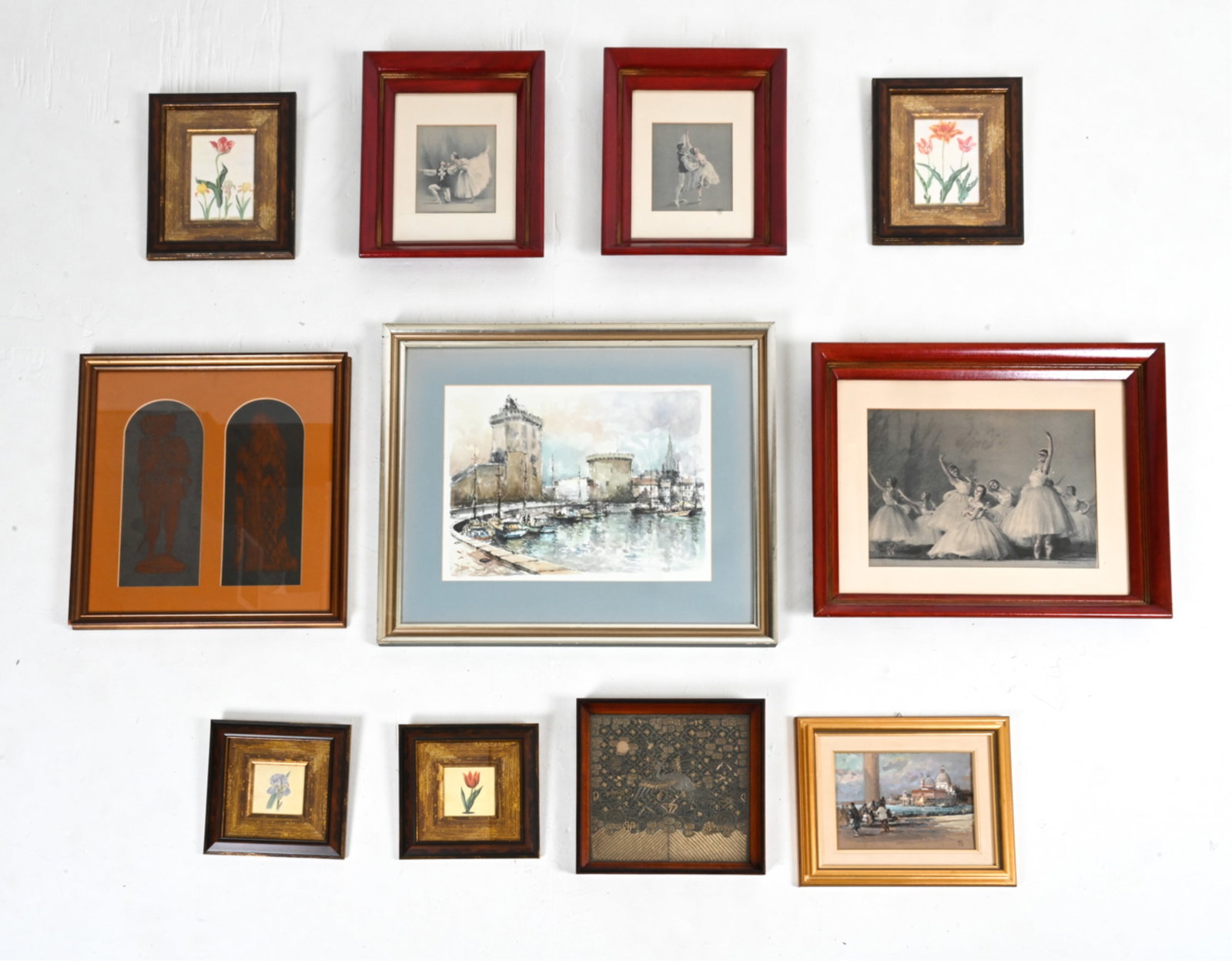 GROUPING OF DECORATIVE ART: Including a Chinese "buzi" or court ranking badge, embroidered with gilt metallic thread; an original oil on board harbor scene, initialed "RE"; and various others. Dimensions: (Largest frame) H 23.5"