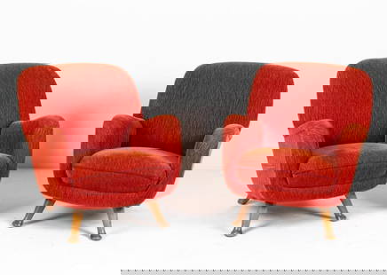 PAIR OF BERGA MOBLER LOUNGE CHAIRS, C. 1940'S: Beech legs, tomato red slubbed mohair upholstery. Dimensions: H 32.75" x W 29.4" x D 34" x SH 15" Condition: Scuffing and finish rubs to legs. Rubbing and a few spots of minor balding to fabric pile.