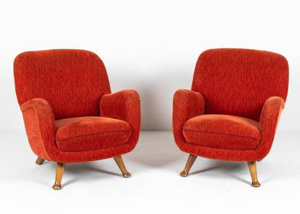 PAIR OF BERGA MOBLER LOUNGE CHAIRS, C. 1940'S: Beech legs, tomato red slubbed mohair upholstery. Dimensions: H 32.75" x W 29.4" x D 34" x SH 15" Condition: Scuffing and finish rubs to legs. Rubbing and a few spots of minor balding to fabric pile.