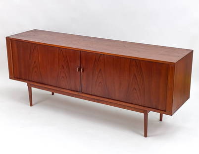 PETER LOVIG NIELSEN DANISH MODERN TEAK SIDEBOARD: Elegant Peter Lovig Nielsen Mid-Century teak tambour door credenza/sideboard. Signed & dated with branded signature under, Lovig Dansk Designs Denmark 1965. Dimensions: H 31.5" x W 78.75" x D 19.75" C