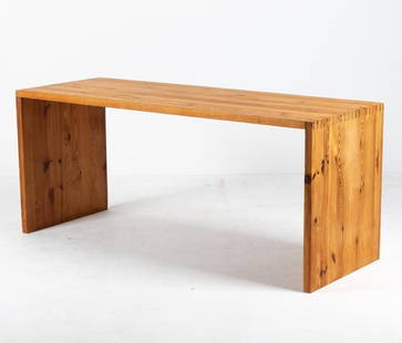 ATE VAN APELDOORN DUTCH PINE DESK, 1970'S: c. 1970's Dutch modern solid pine desk designed by Ate Van Apeldoorn for Houtwerk Hattem. Dimensions: H 29" x W 67" x D 24.5" Condition: Wear consistent with age and use. PA001