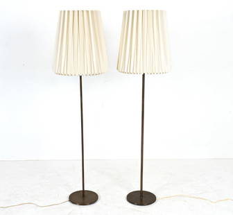 (2) DANISH MINIMALIST BRASS FLOOR LAMPS, C. 1970'S: Adjustable height. Dimensions: (With shade) H 16" x Dia. 17.5" Condition: Re-wiring required; cords cut. Light patina, a few small spots of oxidation to brass. E085