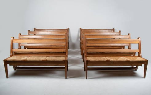 (8) MARTIN VISSER-STYLE DUTCH CABINETMAKER BENCHES: (8) Dutch cabinetmaker oak with rush seat church benches, c. 1930's. In the manner of Martin Visser. Dimensions: H 35.5" x W 57.25" x D 22.5" x SH 19.5" Condition: A few stress cracks; water soiling,