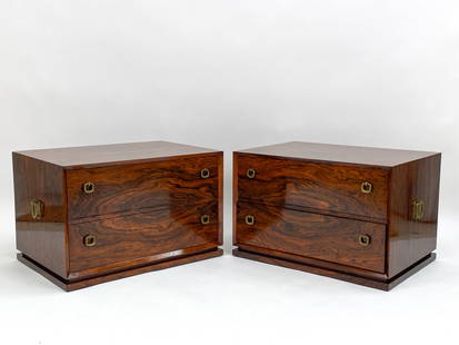 PAIR MODERN ROSEWOOD 2-DRAWER CABINETS: Pair gorgeous rosewood cabinets. Beautiful grain. Brass handles marked Made in India. Dimensions: H 19.25" x W 30" x D 21" Condition: Minor surface wear, marks, scuffs and scratches consistent with ag