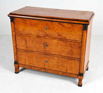 ANTIQUE SWEDISH BIRCHWOOD CHEST OF DRAWERS: Dimensions: H 33.5" x W 39.5" x D 19" Condition: Antique patina and wear including old stress cracks and areas of minor worming throughout; repairs to veneer and front right foot. Chest presents well