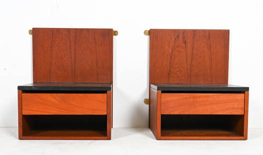 (2) HANS WEGNER GETAMA TEAK FLOATING NIGHTSTANDS: Dimensions: H 20" x W 16" x D 13.25" Condition: Light wear consistent with age and use. E117