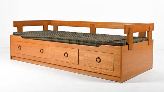 DANISH KOGE MOBELSNEDKERI OAK DAYBED, C. 1970'S: Possibly designed by Borge Mogensen. Dimensions: H 15.5" x W 76.12" x D 34.75" Condition: Some scuffing and finish loss, a couple small gouges and chips to veneer. Wear to leather on drawer handles. L