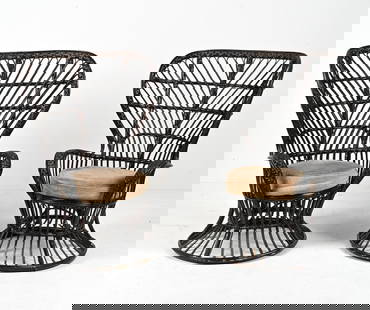 PAIR OF GIO PONTI "BIANCAMANO" RATTAN CHAIRS: Pair of 1950's Gio Ponti & Lio Carminati 'Biancamano' wicker chairs for Bonacina. Dimensions: H 47.5" x W 33.5" x D 31" x SH 20" Condition: Nicks and finish losses throughout. No signs of breaks or lo