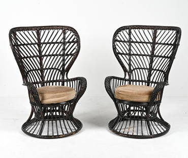 PAIR OF GIO PONTI "BIANCAMANO" RATTAN CHAIRS: Pair of 1950's Gio Ponti & Lio Carminati 'Biancamano' wicker chairs for Bonacina. Dimensions: H 47.5" x W 33.5" x D 31" x SH 20" Condition: Nicks and finish losses throughout. No signs of breaks or lo