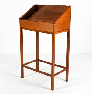 MANNER OF ANDREAS HANSEN MAHOGANY STANDING DESK: Finely crafted mahogany drafting table or standing desk by a Danish cabinetmaker in the manner of Andreas Hansen, c. 1960's. Dimensions: H 52" x W 30.25' x D 18.25" Condition: Desk presents beautifull