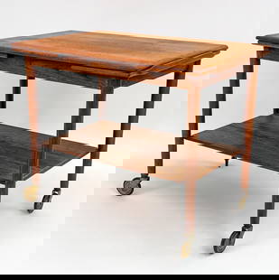 MOGENS HANSEN DANISH MID-CENTURY TEAK BAR CART: Danish Mid-Century teak extendable rolling serving or bar cart manufactured by Svendborg Mobler and designed by Mogens Hansen, Denmark circa 1960s. Branded manufactures mark under bottom shelf: MH Mob