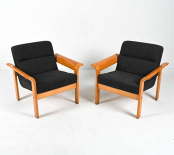 PAIR OF THYGESEN & SORENSEN FOR BOTIUM ARMCHAIRS: Pair of Danish Modern lounge chairs with bent beechwood arms, designed by Rud Thygesen and Johnny Sorensen for Botium and Magnus Olesen, c. 1970's. Dimensions: H 30.5" x W 30.25" x D 29.5" x SH 16" Co