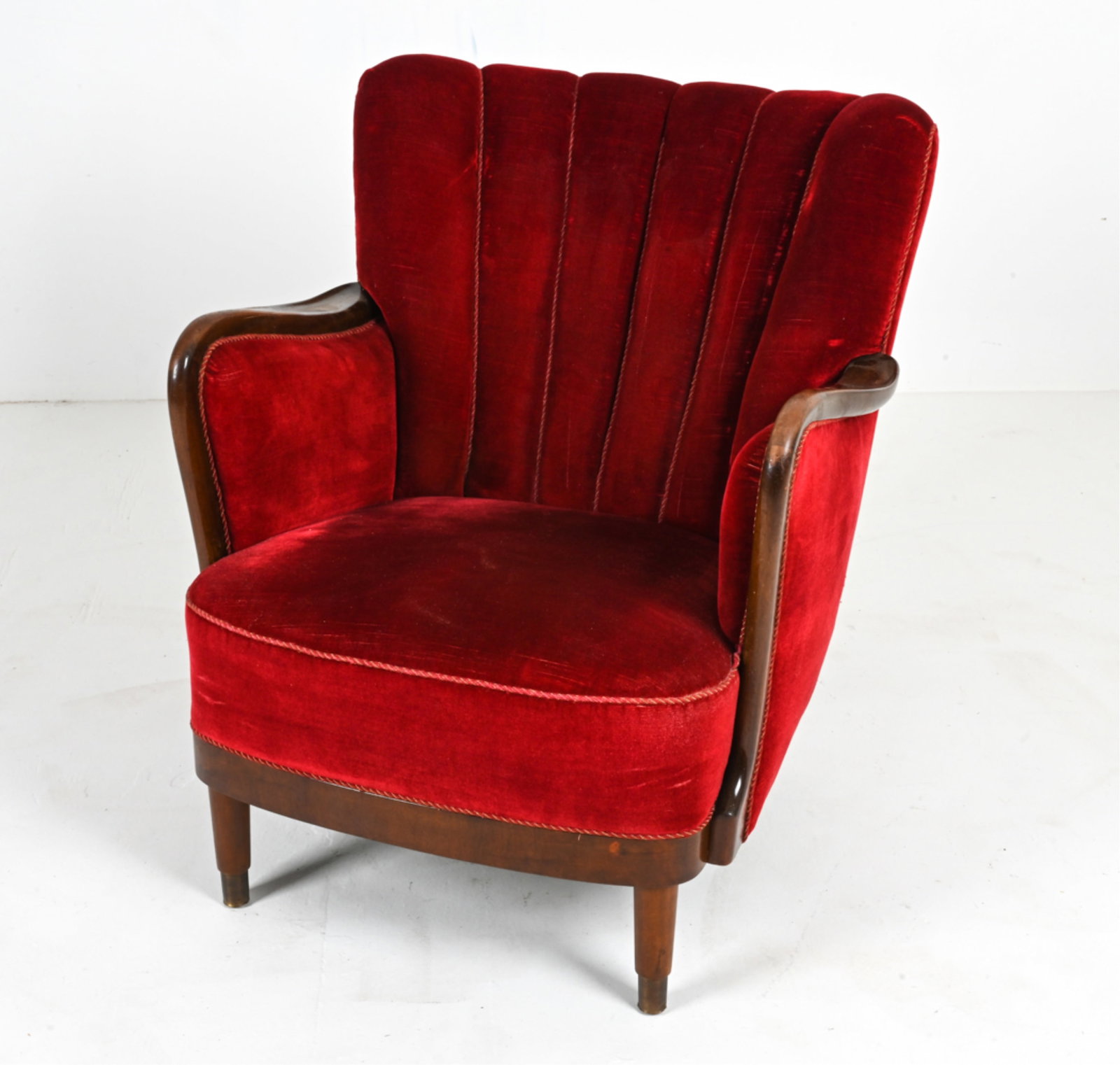 ALFRED CHRISTENSEN MAHOGANY & VELVET EASY CHAIR: Danish Modern easy chair in rich red velvet, featuring a channeled back an sculpted mahogany armrests. Designed by Alfred Christensen, c. 1960's. Dimensions: H 31.5" x W 28" x D 35" x SH 15.5" Conditi