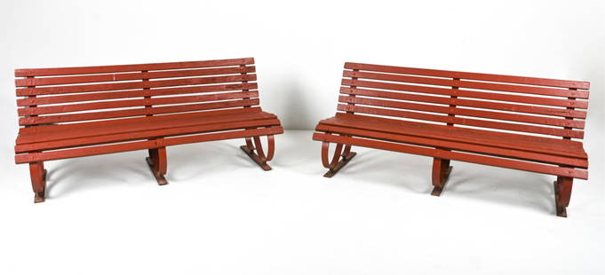 (2) PARK BENCHES FROM AUGUSTENBORG PALACE, DENMARK: Pair of outdoor benches in pine and steel, c. 1880's; purportedly from the park grounds of the Augustenborg Palace in Denmark. Dimensions: H 31" x W 65.5" x D 29" x SH 15" Condition: Slats possibly re