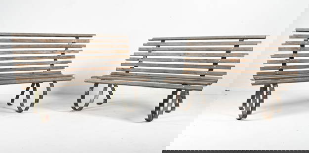 PAIR OF DANISH PARK BENCHES, C. 1950'S: Danish Modern outdoor benches in pine and steel, with interesting cantilevered bases providing bounce. Dimensions: H 35" x W 53.25" x D 33.5" x SH 15.5" Condition: A few stress cracks to wood, repair