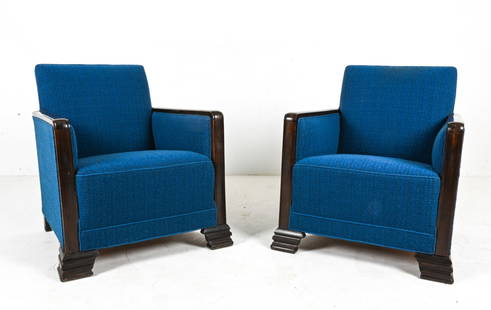 PAIR OF DANISH ART DECO EASY CHAIRS, C. 1940'S: Beechwood frames finished in dark walnut stain, with blue boucle frieze upholstery. Dimensions: H 30.5" x W 28" x D 33" x SH 15" Condition: Water spots and spots of soiling to armrests; a few nicks an