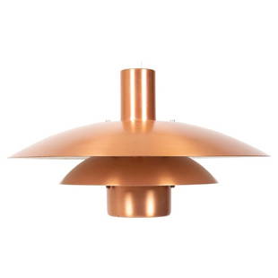 DANISH MODERN FORM-LIGHT COPPER TONE PENDANT LIGHT: A classic Danish midcentury pendant light of saucer form in stacked copper-tone metal. By Danish maker Form-Light, retaining original label to interior. This timeless light is in the manner of Poul He