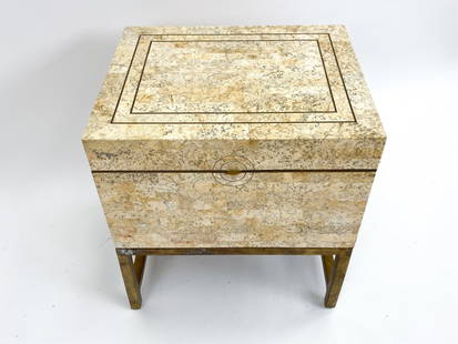 VINTAGE TESSELLATED STONE TRUNK TABLE ON BASE: Karl Springer style tessellated stone trunk table/side table on metal base. Apparently unmarked. Dimensions: H 22" x W 20" x D 16" Conditions: Minor surface wear and scratches consistent with age and