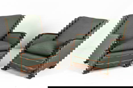 PAIR DANISH ART DECO CARVED ARMCHAIRS, C. 1930'S: Dimensions: H 31.5" x W 25.5" x D 34" x SH 19.5" Condition: Some soiling to cushions. Minor rubbing, scuffs and dings to wood. F067